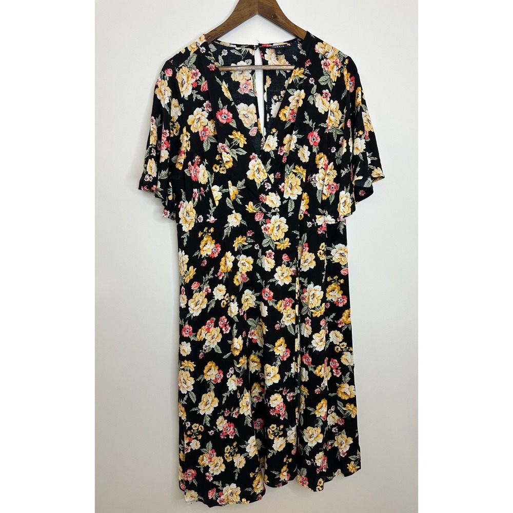 Torrid Floral Faux Wrap Challis Dress Flutter Sleeve Plus Size 1 1X Black Yellow - Picture 2 of 14